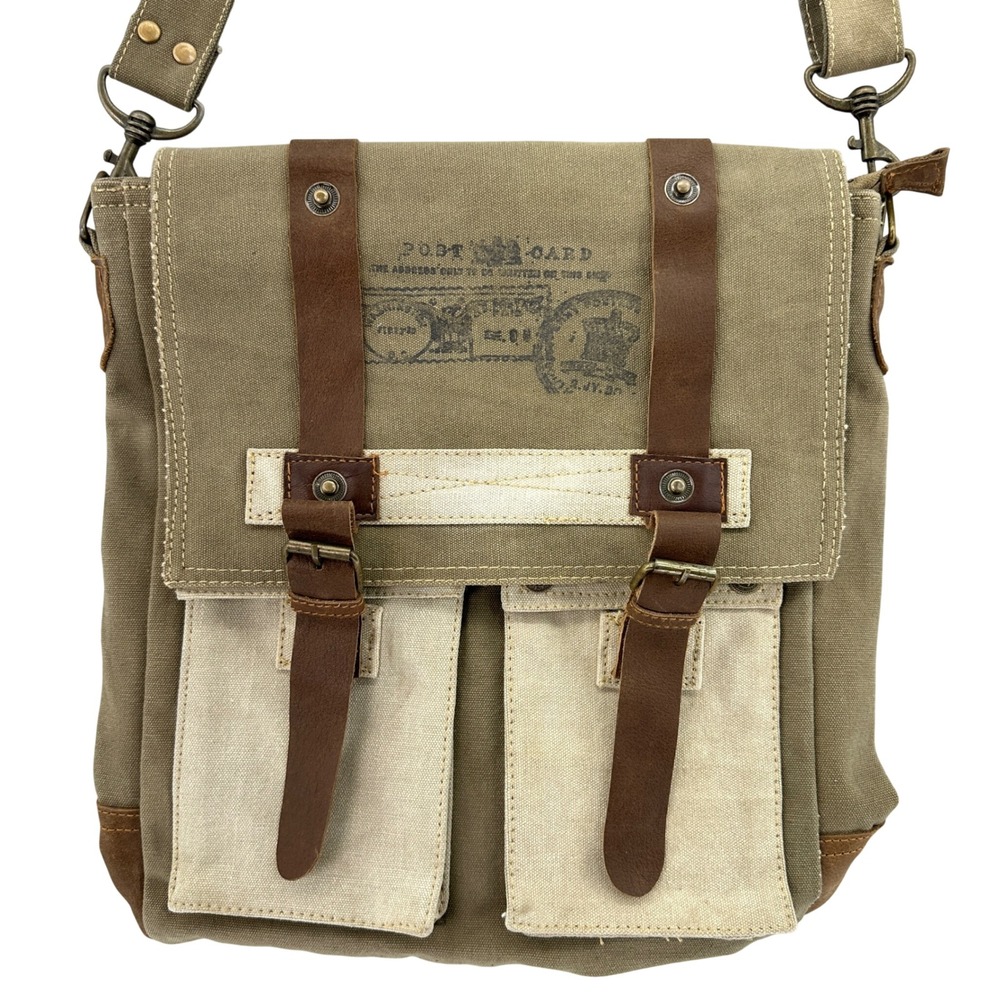 Y2K Mona B Canvas Leather Postcard Messenger Crossbody Bag Green Military